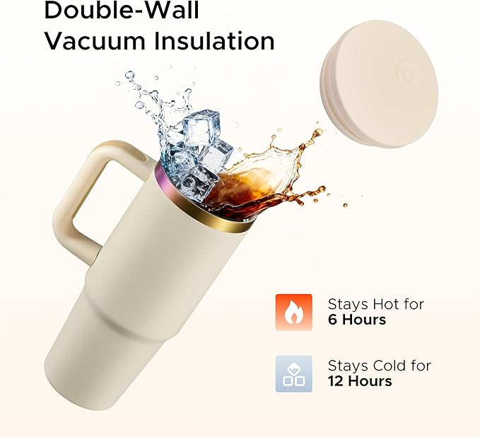 OMTech 30 oz. Tumblers with Handle & Lid, 12 Pack Tumbler Bulk with Double Wall Vacuum Insulation, Food-Grade Stainless Steel Insulated Coffee Mug, Sweatproof Travel Mug for Hot Cold Drinks, Cream - Bloomnest