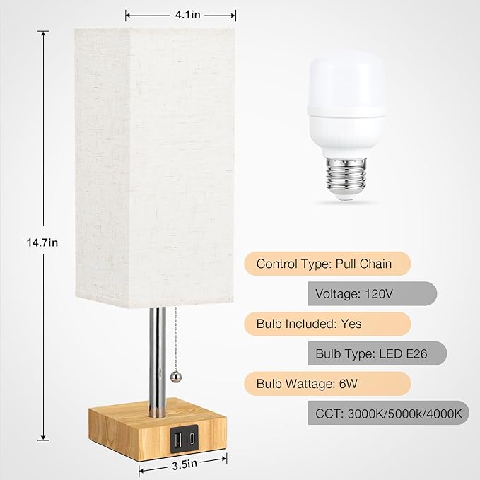 aooshine Beige Small Table Lamp for Bedroom - 3 Color Temperature 3000K 5000K 4000K Bedside Lamp, Pull Chain Control, USB A and C Ports, Wood-Grain Base, Bulb Included - Bloomnest