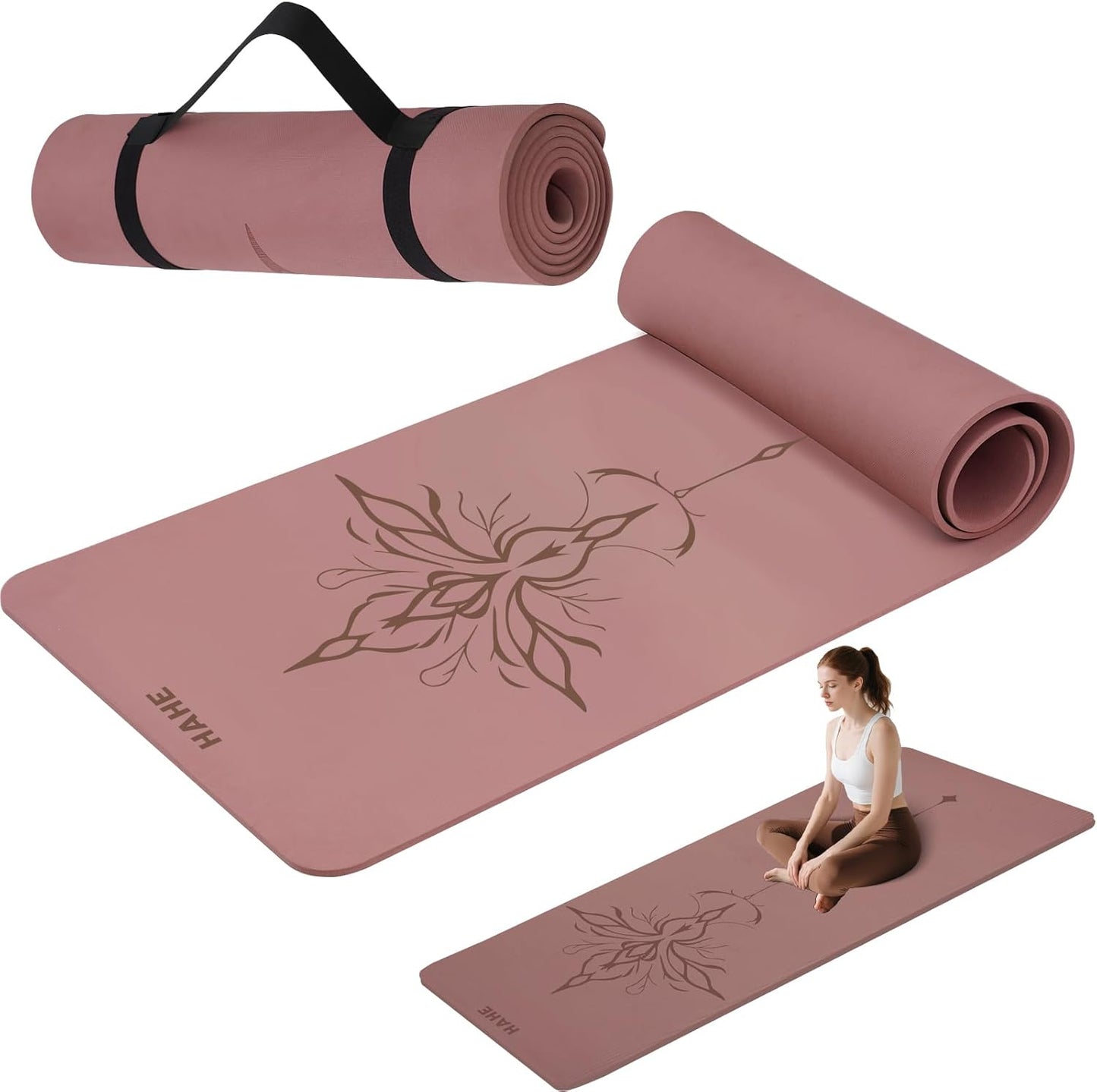 HAHE Yoga Mat Thick (8MM,1/3"), Eco-Friendly POE Non Slip Yoga Mat, High Rebound & Shock Absorption, Anti-Tear & Sweat-Resistant for Yoga, Fitness, Home, Workouts, Large Pilates Mats 72"x24" with Carrying Strap