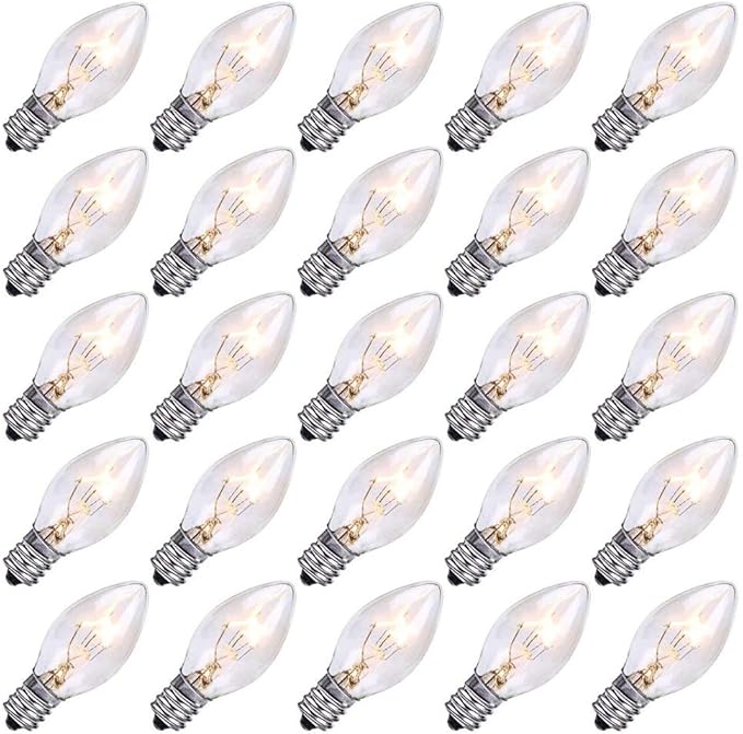 SUNSGNE 25 Pack C7 Clear Replacement Bulbs Christmas Light Bulbs, Outdoor Patio String Light Bulbs, C7 Night Light Replacement Bulbs, E12/C7 Candelabra Base, 5 Watt- Clear - Bloomnest