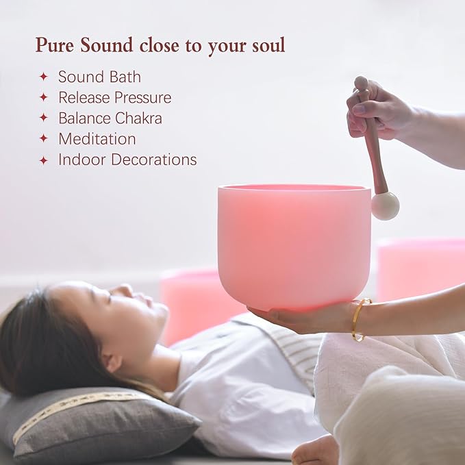 CVNC 432HZ 6-12 Inch Pink Color Frosted Quartz Crystal Singing Bowls Chakra Set of 7 with Carry Case Bags for Sound Healing and Meditation - Bloomnest