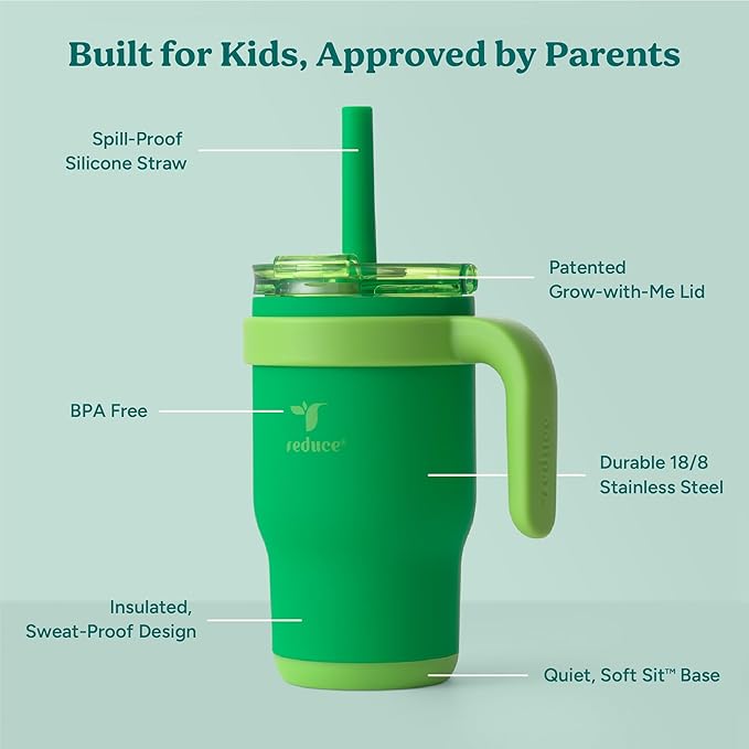 REDUCE 14 Oz Coldee Kids Tumbler with Lid and Straw - Coldee Insulated Travel Mug - Spill-Proof, Sweatproof Stainless Steel, BPA-Free - Includes Handle, Reusable Silicone Straw - Clover Green - Bloomnest