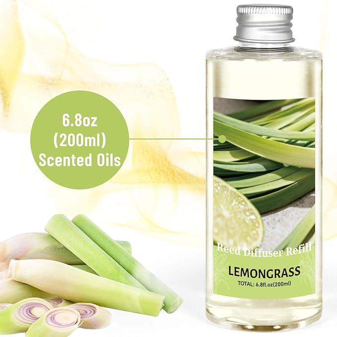 STRN Reed Diffuser Essential Oil Refill, Lemongrass Scent 200ml with Sticks, Long-Lasting Aromatherapy, Natural Fragrance Liquid with Eco-Friendly Bottle for Home, Bedroom, Spa - Bloomnest