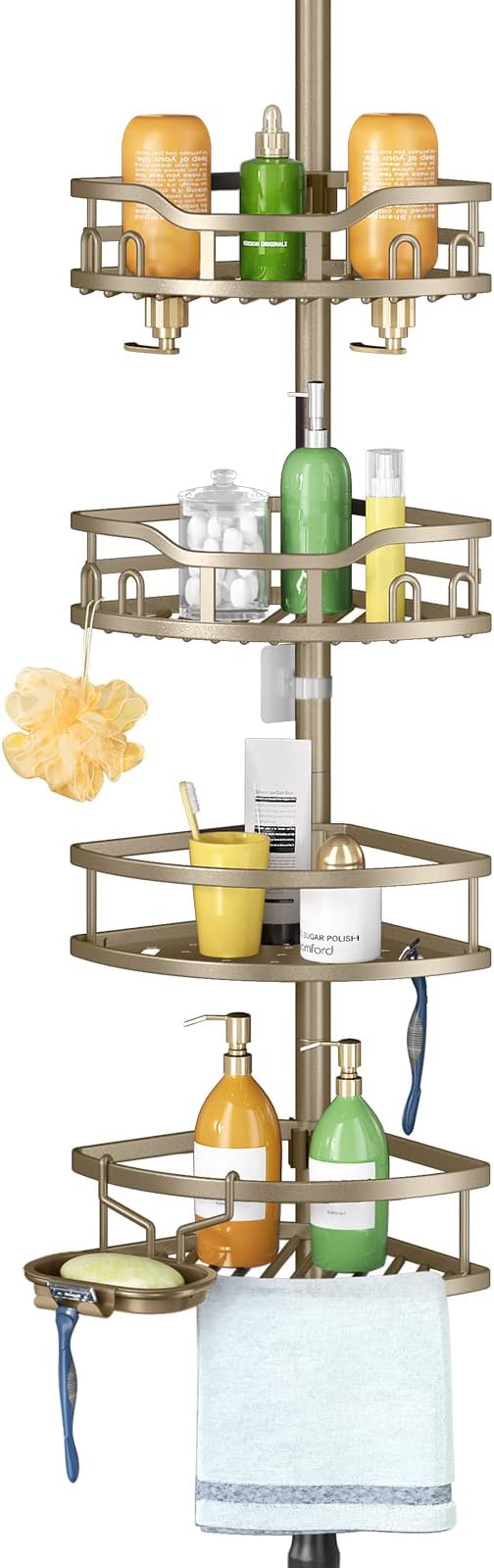 HAMITOR Corner Shower Caddy Tension Pole: Rustproof 4-Tier Bathroom Organizer Shelves for Bathtub Shampoo Storage - 47-121 Inch Quick Install Adjustable Rod Standing Rack with Soap Rack - Matte Gold - Bloomnest