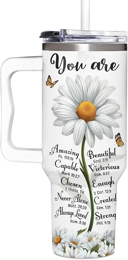 Christian Daisy Gifts for Women - Inspirational Faith Tumbler With Handle & Straw - 40Oz, Daisy Theme - Birthday, Mothers Day, Christmas - Bloomnest
