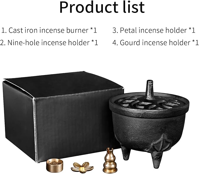 Cast Iron Incense Burner - 4 in 1 Incense Holder Burner Set, Three-Legged Incense Ash Catcher with Lid for Rituals, Decoration, Etc（Large） - Bloomnest