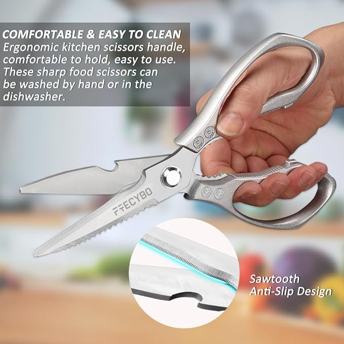 All Purpose Heavy Duty Shears, 2-Pack Kitchen Scissors for Food, Metal Handle Stainless Steel Cooking Scissors for Kitchen, Chicken, Fish, Meat, Poultry, Herbs (Silver) - Bloomnest