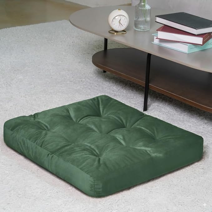 Velvet Floor Pillow,Square Large Pillows Seating for Adults, Green Tufted Cushions for Meditation, Yoga Tatami Living Room Chair Booster Machine-Washable & Dryer-Safe, Green, 22x22 Inch - Bloomnest