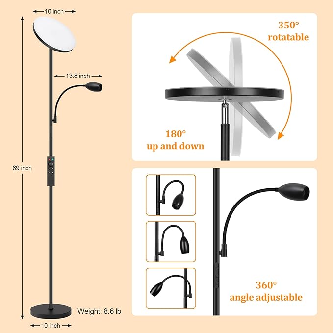 LED Torchiere Floor Lamp with Gooseneck Reading Light, 69" Dimmable Reading Floor Lamp with Adjustable Color Beam, Remote Control Standing Lamp, Zoomable Spotlight for Living Room,Bedroom,Office,Black - Bloomnest