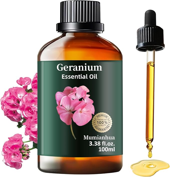 Pure Geranium Essential Oil, Mumianhua Natural Rose Geranium Oil for Reed Diffuser, Air Freshener, Massages,Relaxation, Garden Freshness, Outdoor Ambiance, Skin, Hair, Soap, Candles Making 3.38 Fl oz - Bloomnest