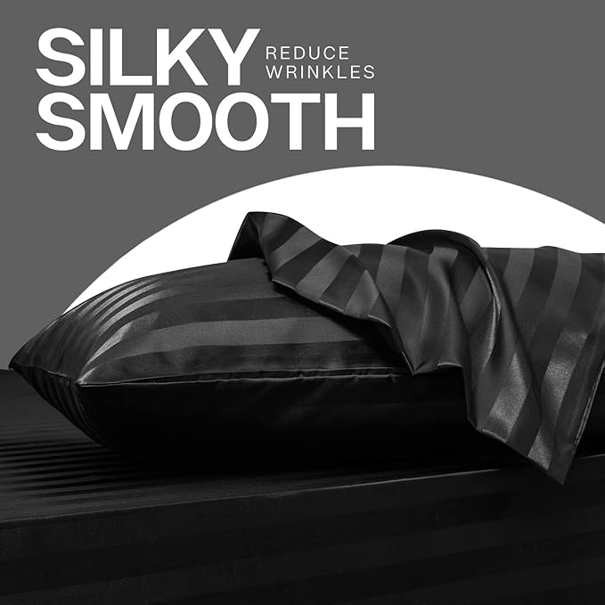 MR&HM Satin Pillowcase for Hair and Skin, Silk Satin Pillowcase 2 Pack, Queen Size Pillow Cases Set of 2, Silky Pillow Cover with Envelope Closure (20x30, Black Striped) - Bloomnest