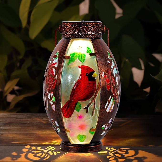 Starsoul Cardinal Outdoor Solar Lantern - Metal & Stained Glass Cardinal Solar Light, Waterproof Tabletop Lamp with Hollowed-Out Design for Yard, Patio, Garden, Pathway - Bloomnest