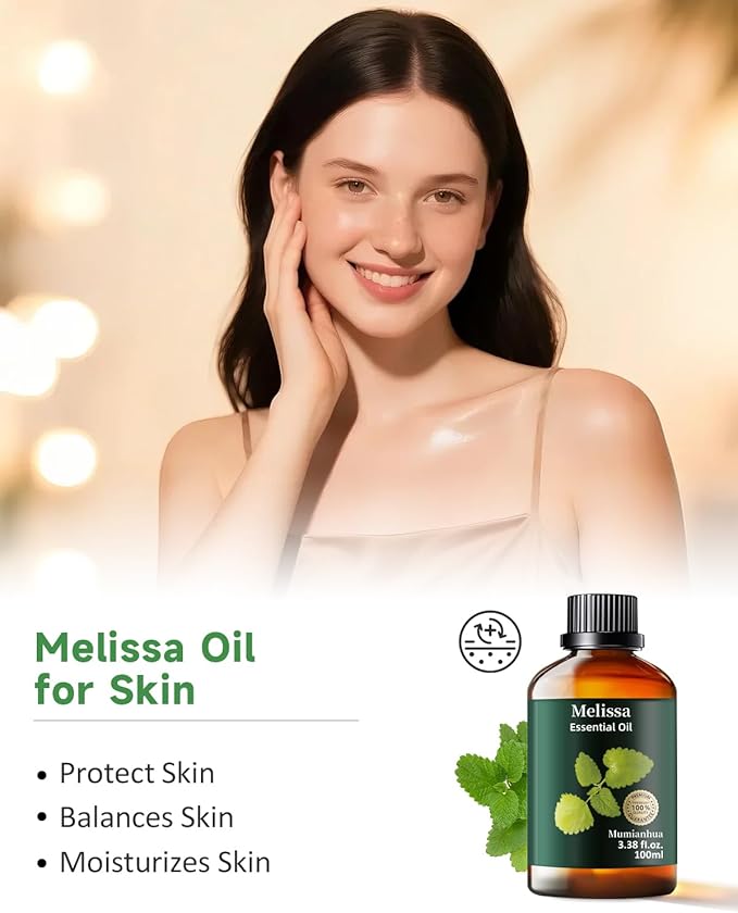 Melissa Essential Oil Pure, Mumianhua Natural Therapeutic Melissa Oil for Skin, Body, Hair Care, Diffuser, Aromatherapy,Candle, Soap, Making, DIY, Massage, Sauna 3.38 Fl Oz - Bloomnest