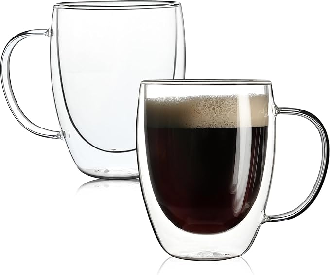 Aurzen 2 Pack Double Walled Glass Coffee Mugs with Handles, Large Insulated Layer Coffee Cups, 12oz Clear Borosilicate Mugs, Perfect for Cappuccino, Tea, Microwave Safe - Bloomnest