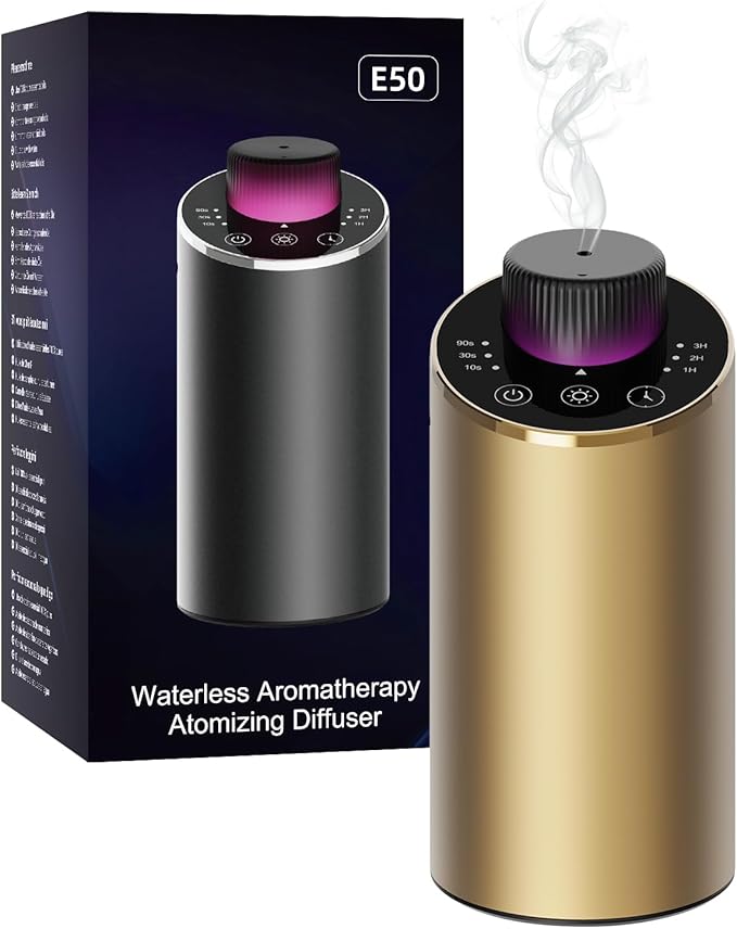 Waterless Essential Oil Diffuser Aromatherapy Scent Diffusers for Home Large Room, Bedroom, Car, Office, Desk, Battery Operated Mini Portable Air Freshener, 3 Countdown Timers & 3 Mist Levels, Gold - Bloomnest