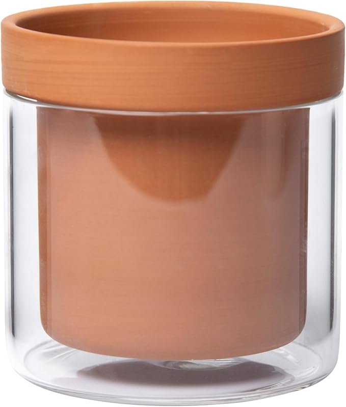 Phoenix Vine 4 Inch Self Watering Planter Pot, Terracotta Clay Pot with Glass Reservoir for Indoor Plants, Herbs, Flowers, Set of 1, 52-A-E-1 - Bloomnest