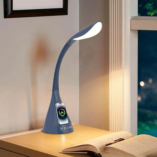 LED Desk Lamp with USB Charging Port, Dimmable Reading Light Touch Control and Eye Protection, Adjustable Brightness Table Lamp for Home Office Bedroom (Blue) - Bloomnest