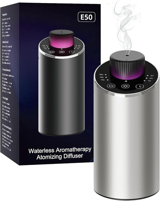 Waterless Essential Oil Diffuser Aromatherapy Scent Diffusers for Home Large Room, Bedroom, Car, Office, Desk, Battery Operated Mini Portable Air Freshener, 3 Countdown Timers & 3 Mist Levels, Silver - Bloomnest