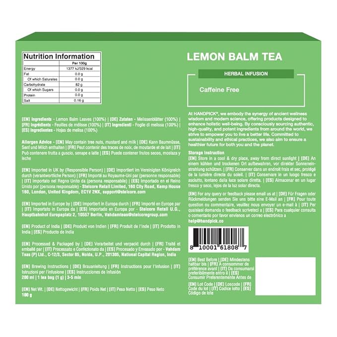 HANDPICK Lemon Balm Tea Bags – 100 Count | 100% Pure & Naturally Dried | Caffeine-Free Herbal Tea with Citrus Flavor & Aroma | Premium Lemon Balm Leaf for Calming and Digestion Support - Bloomnest