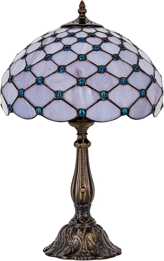 Tiffany Lamp Vintage White Grey Stained Glass Bead Table Lamp Desk Bedside Reading Light Decor Bedroom Living Room Home Office D12*H18 Inches - Bloomnest