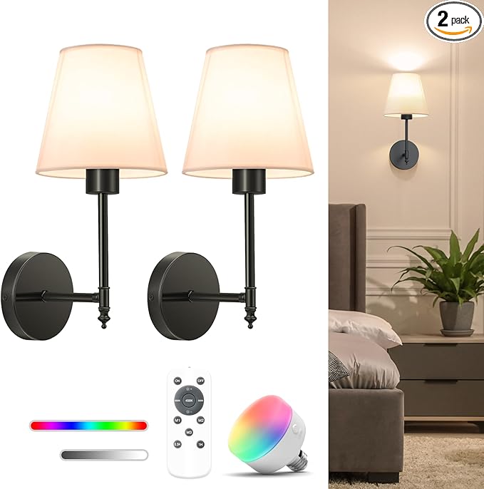 NIORSUN 14.5 inch Battery Operated Wall Sconce Set of 2,Black Rechargeable Wall Lights with 5200mAh Dimmable Detachable Bulbs and Remote,9 Colors Wireless Sconces for Bedroom Living Room Hallway Decor - Bloomnest