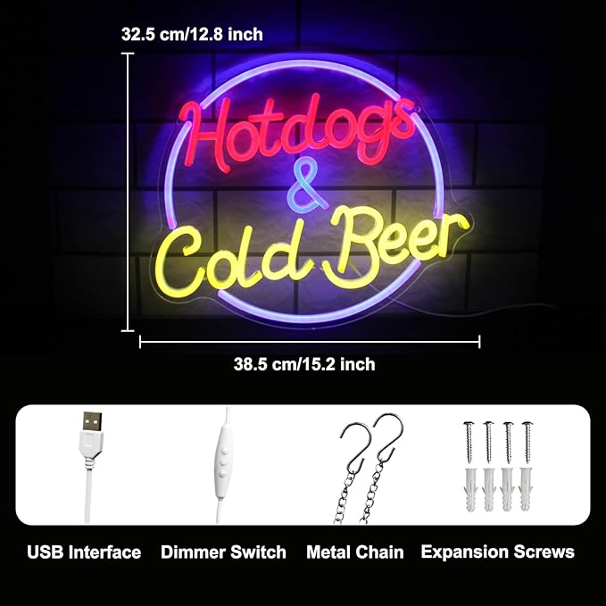 Hot Dogs and Cold Beer Neon Sign for Wall Decor Dimmable Bar Neon Light Sign Colorful LED Neon Signs Beer Neon Light Wall Art LED Sign for Bar Restaurant Shop Food Court Party Decor - Bloomnest