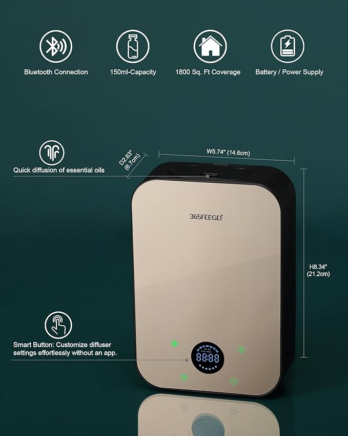 Waterless Essential Oil Diffuser - 150mL Smart Portable Bluetooth Diffuser | Dual-Power (Battery/AC) | Covers up to 1500 Sq Ft Home Aromatherapy - Bloomnest