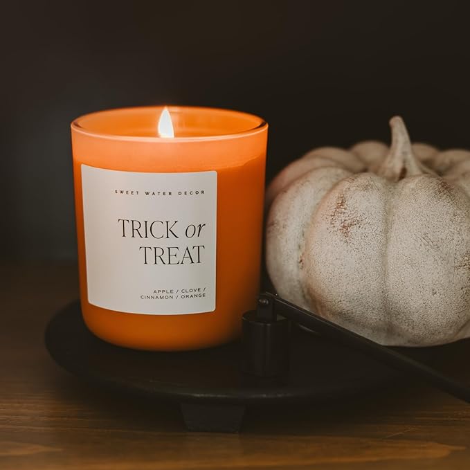 Sweet Water Decor Trick or Treat Candle, Large 15oz Jar, Scented with Pumpkin, Apple, Cinnamon & Vanilla, Non-Toxic Soy Wax Blend, Indoor Halloween Decorations for Home & Bathroom, 70+ Hour Burn - Bloomnest