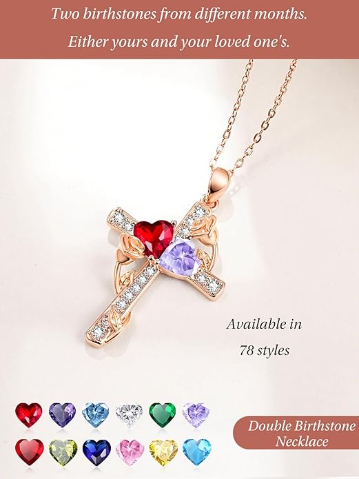 Rose Gold Dual Birthstones Cross Necklace for Women Rose Flower Jewelry Anniversary Christmas Mother's Valentine's Day Birthday Gift for Wife Girlfriend Mom - Bloomnest
