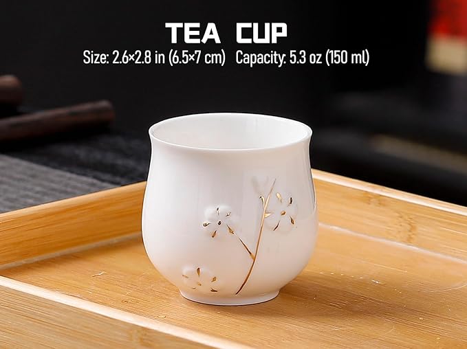 Japanese Tea Set, White Porcelain tea set with 1 Teapot(23 oz/660ml), 6 Tea cups(5.3 oz/150ml), 1 Tea Tray, Golden plum blossom relief, Asian tea sets for adults (Golden plum-White) - Bloomnest