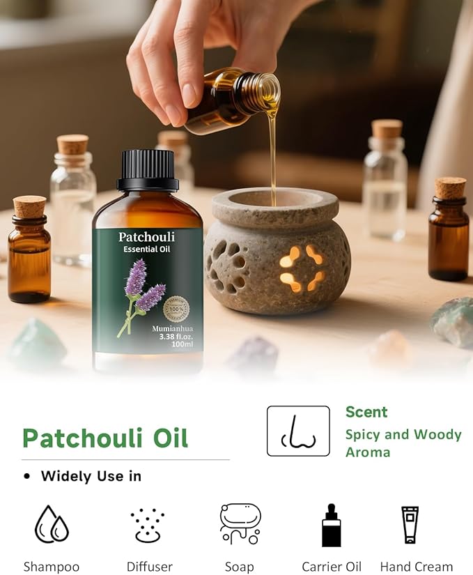 Pure Patchouli Essential Oil, Mumianhua Natural Patchouli Oil for Diffuser, Perfume, Skin,Hair, Soap Making, Room Spraying,Earthy Grounding, Outdoor Protection 3.38 Fl Oz - Bloomnest