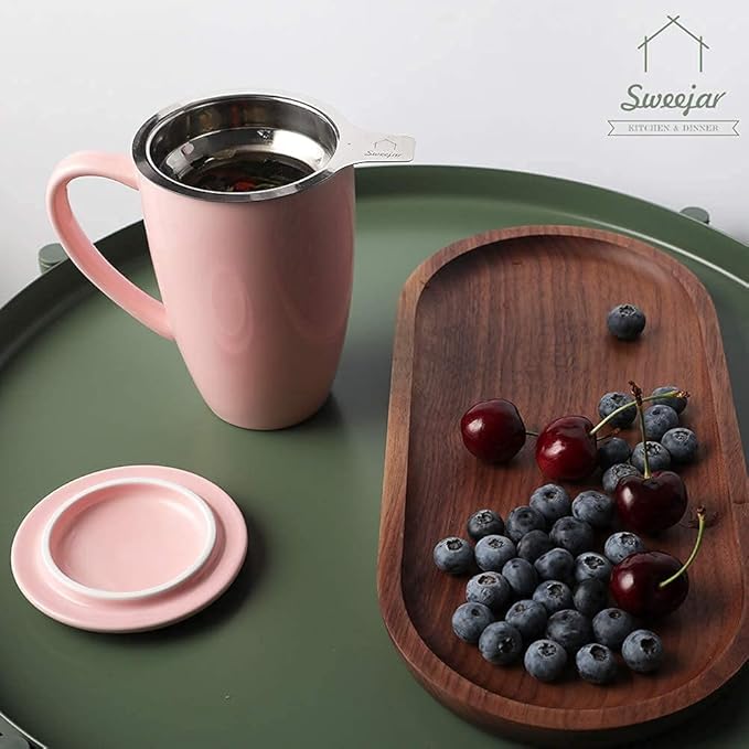 Sweejar Porcelain Tea Infuser Cup with Lid, 16 oz Tea Cup with Strainers for Loose Leaf Tea, Microwave and Dishwasher Safe Coffee Mug, Tea Steeping Mug for Tea Drinkers,Christmas Gift (Pink) - Bloomnest