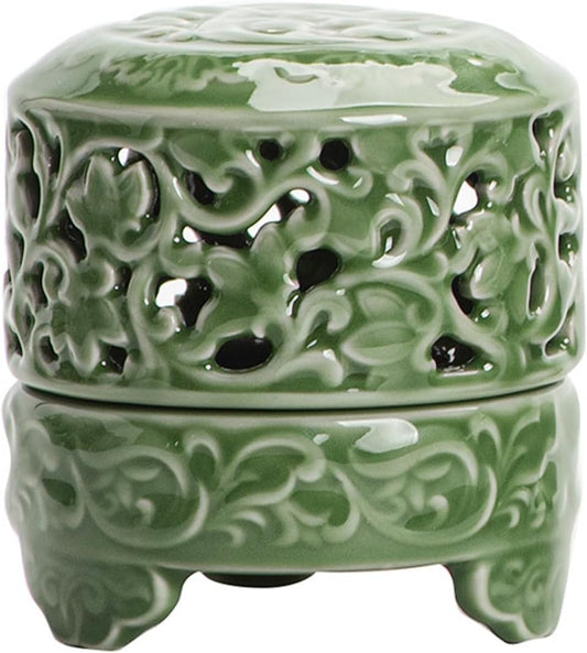 Mini Ceramic Incense Burner - Chinese Classic Plum Green Celadon Glaze, Fragrance Cone & Stick Holder Palo Santo/Sage/Herb Burner for Meditation, Yoga, Desk Decor, Zen Relaxation Gift (Cloud-A)