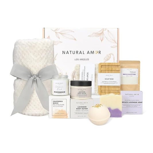 Natural Amor 8-Piece Spa Gift Set with Blanket – Self-Care Box with Lavender Body Butter, Soap, Candle – Blanket with Grey Ribbon Gift for Women, Birthday, Holiday - Bloomnest