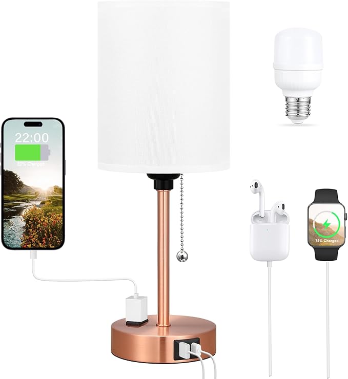Small Bedside Table lamp for Bedroom - Red Bronze Modern Wedding Gift for Couples, 3 Color Temperatures & USB Ports & AC Outlet, Gold Nightstand Lamps for Reading, Dorm, Office, Living Room, Bathroom - Bloomnest