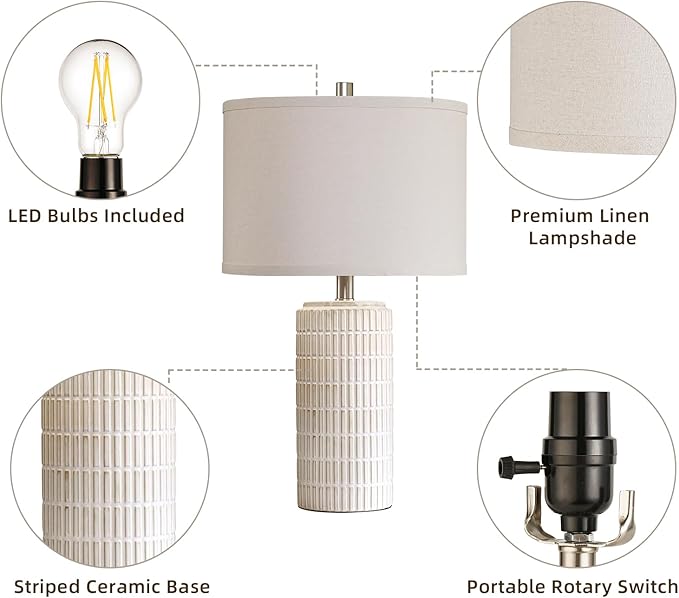23'' Set of 2 Modern Ceramic Table Lamps for Living Room Bedroom, Nightstand Farmhouse Beige White Desk Lamp for Bedside End Table Entryway, 2 LED Bulbs Included - Bloomnest