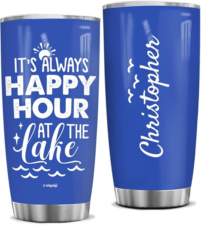 winorax Personalized Beach Tumbler It's Always Happy Hour At The Lake Tumblers Stainless Steel 20oz 30oz Travel Cups Gifts Summer Trip Holiday Beach Lovers Men Women Kids Family - Bloomnest