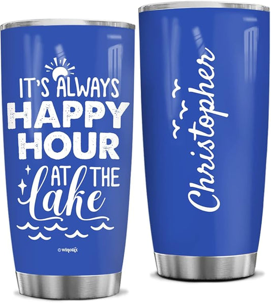 winorax Personalized Beach Tumbler It's Always Happy Hour At The Lake Tumblers Stainless Steel 20oz 30oz Travel Cups Gifts Summer Trip Holiday Beach Lovers Men Women Kids Family - Bloomnest