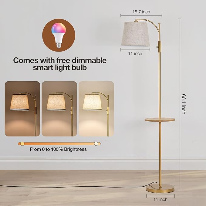 AIDENOEY Smart Floor Lamp with Side Table | Stepless Dimming, RGB Multi-Color | Adjustable Swivel Head | Voice Control with Alexa & Google Assistant |Golden Lamp for Living Room,Bedroom,Home Office - Bloomnest