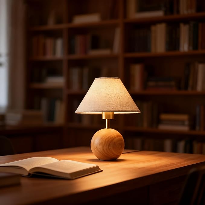 Table Lamp for Living Room,Wood Base Flaxen Fabric Shade Desk Lamp for Bedroom,Small Décor Ambient Bedside Lamps for Night Stands,LED Bulb (not Included) - Bloomnest