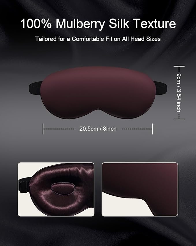 Luxury 22 Momme 100% Mulberry Silk Sleep Mask – 3D Eye Mask with Adjustable Strap, Gentle on Skin and Eyes, Provides Complete Light Blockage for Deep Sleep (Burgundy, Adjustable) - Bloomnest