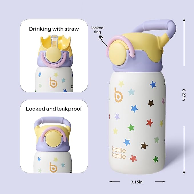 BOTTLE BOTTLE Kids Insulated Water Bottle with Straw Lid and Handle 16 oz Stainless Steel Vacuum Tumbler Water Bottles for School Outdoor Travel Gifts for Boys and Girls Stellar Pop - Bloomnest