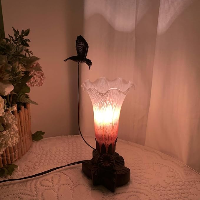 Bieye LL01 Hummingbird Flying Over Lily Flower Blown Glass Table Lamp for Home Decor (Orange White, 4.25Wx12H)