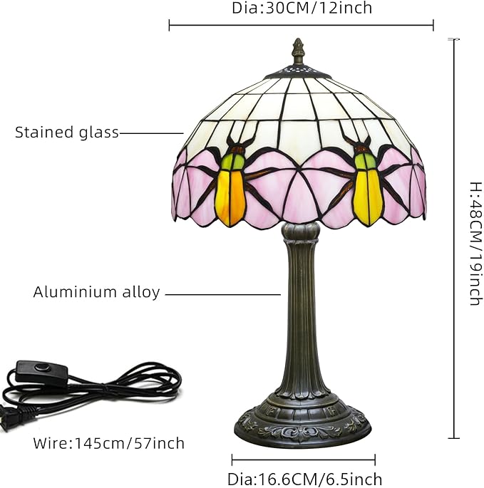 Tiffany Lamp Yellow Beetle Pink Stained Glass Table Lamp Vintage Bedroom Desk Light for Home Dorm Office Art Craft Antique Decor Accent Aesthetic Nightstand Reading Light - Bloomnest
