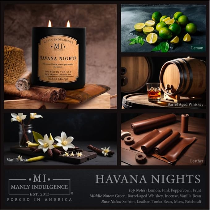 Manly Indulgence Havana Nights Scented Candles for Men, 2 Wick, 16.5 oz, Premium Soy Blend Wax, 60H Burn, Candles for Home Scented - Made in The USA - Bloomnest