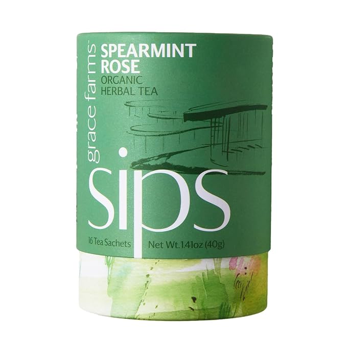 Grace Farms Organic SPEARMINT ROSE Herbal Tea (16 Pyramid Sachets) | Naturally Sweet, Stress Relieving and Caffeine Free | Organic, Fair Trade and Kosher Certified | Delicious Iced Tea | Gives Back 100% of Profits - Bloomnest
