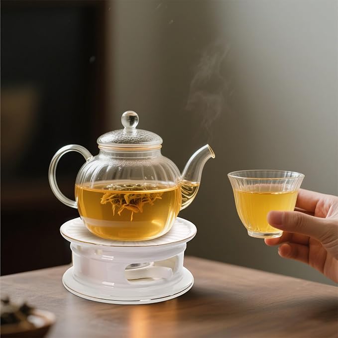 Ceramic Teapot Warmer, Gold Rim Teapot Heater with Candle Holder, White Porcelain Tea Kettle Holder Warming Base for Heating Coffee, Milk, Water, Soup