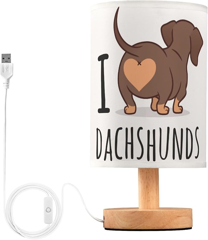 Table Lamp Cute Dachshund Dog I Love Dachshunds Heart Butt Nightstand Lamp with Wood Base Fabric Lamp Shade Bedside Desk Lamp for Living Room Bedroom Kids Room Office - Bloomnest