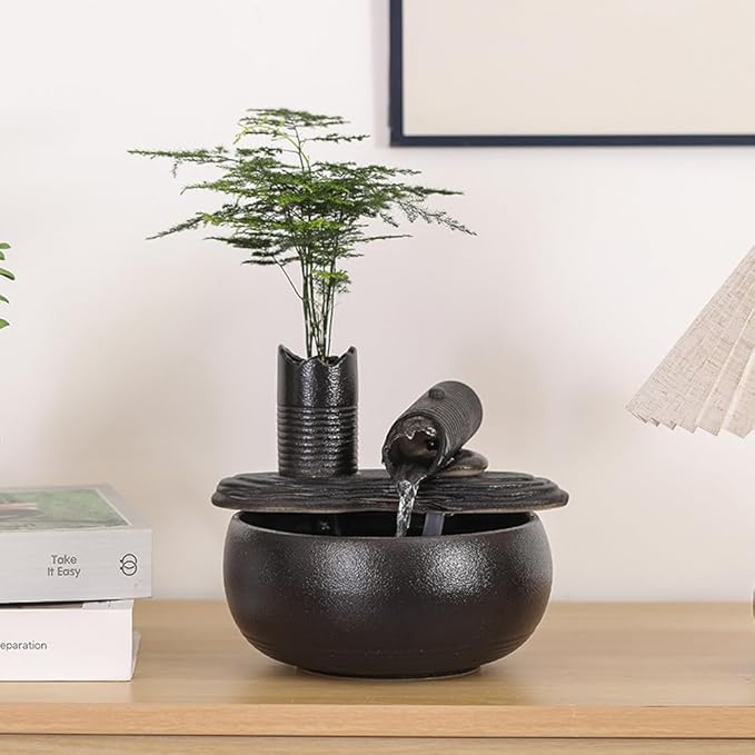 Ceramic Tabletop Fountain Water Feature Fall Indoor and Outdoor Decoration (Black Bamboo A151) - Bloomnest