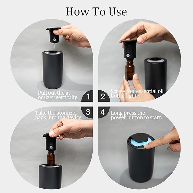 Waterless Diffuser for Essential Oil, Rechargeable Mini Fragrance Scent Air Machine, 3-Color Ambient Night Light, Aluminum, 0.51 Oz/15mL, 3 Countdown Timers & 3 Mist Levels for Home, Car, Titanium - Bloomnest